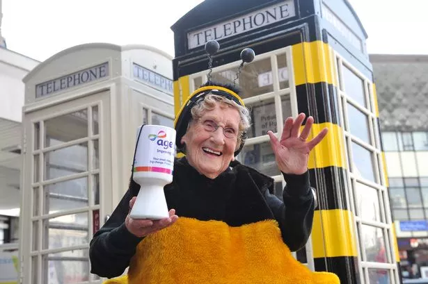jean-in-bee-suit jean bishop fundraising in hull in a bee suit